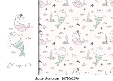 Cute sea cats illustration card and seamless pattern. Textile surface design