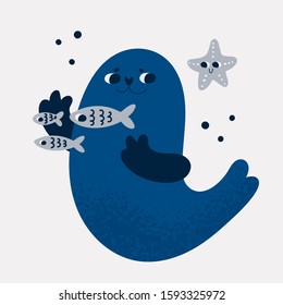 Cute sea characters: fur seal, fish, starfish. Childish vector illustration with cartoon ocean characters in flat style. Good for poster, card, print, book, decoration, textile