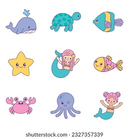 cute sea characters icons set .vector illustration