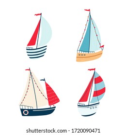 Cute sea collection with sailboat isolated on white background. Set of illustrations for the design of children's rooms and textiles. Vector