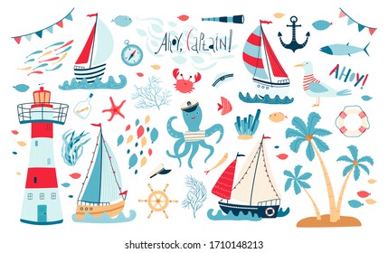 Cute sea collection with sailboat, lighthouse, fish, octopus, Seagull, crab isolated on white background. A set of illustrations for the design of children's rooms and textiles. Vector illustration