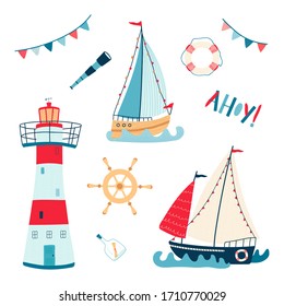 Cute sea collection with sailboat, lighthouse, lifebuoy, telescope, steering wheel isolated on white background. Set of illustrations for the design of children's rooms and textiles. Vector