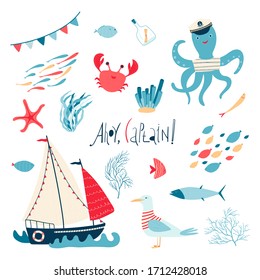 Cute sea collection with sailboat, lighthouse, fish, octopus, Seagull, crab and lettering Ahoy, Captain isolated on white background. Illustration for the design of children's rooms, textiles. Vector