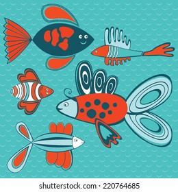cute sea color abstract fish pattern set