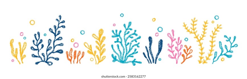 Cute sea coral and plants drawn with crayon pencils. Set of bright underwater marine reef elements. Color crayon doodle icons of ocean seaweed, vector illustration isolated on white background