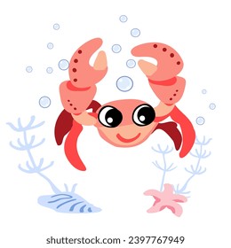 Cangrejo de agua dulce con burbujas, pez estrella y algas submarinas. Ilustración vectorial del carácter de vida marina