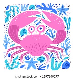 Cute Sea Crab Hand Drawn Vector Illustration. Adorable Sealife Cartoon Character. Funny Underwater Wildlife, Ocean Animal With Claws Isolated On White Background. Childish T Shirt Print Design