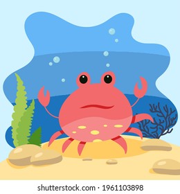 
Cute sea crab on the background of the seascape. Isolated vector illustration in the seabed. Design concept with marine mammal. Cartoon style