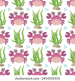 Cute sea crab seamless vector pattern. Funny aquatic animal in a shell, with claws. Friendly ocean creature swims among seaweed, bubbles. Hand drawn ocean pet. Marine life background for babies, kids