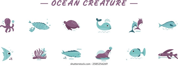 Cute Sea Creature Fish Illustration Vector Colorful Art Adorable Blue Ocean Animal Icon Symbol