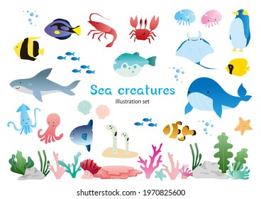 Cute sea creature illustration set