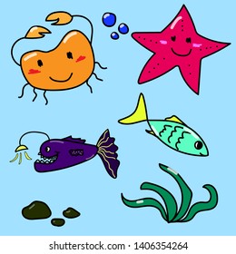 
cute sea creature set, fish, starfish, crab and fish with a flashlight. Sea kids cute. Collection of sea animals in cartoon style, life illustration