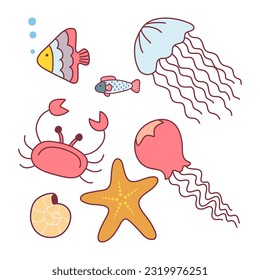 Cute sea creatures and animals flat vector icons isolated on a white background. Jellyfish, crab, shell, starfish. Kawai style