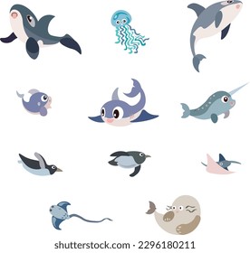cute sea creatures   animals icon vector isolated white background  kawaii style