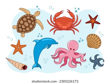 Cute sea creatures and animals vector icons.