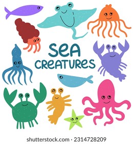 Cute sea creatures and animals vector icons isolated on white background. Marine life. Kawaii cute cartoon style.