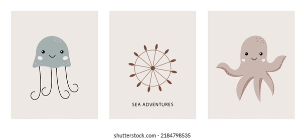 Cute sea creatures. Cartoon jellyfish and octopus. Set of baby posters. Wall art of the nursery. Funny design for textiles, postcards, baby shower. Kids print with animals. Bohemian childish style.