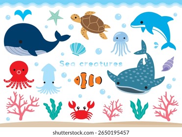 Cute Sea Creatures Cartoon Set – Whale, Dolphin, Shark, Octopus, Fish and More