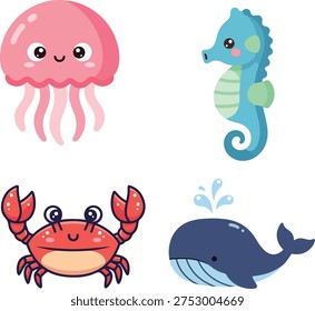 Cute sea creatures cartoon vector set including jellyfish, seahorse, crab and whale. Perfect for kids design, nursery decoration, books and stickers.