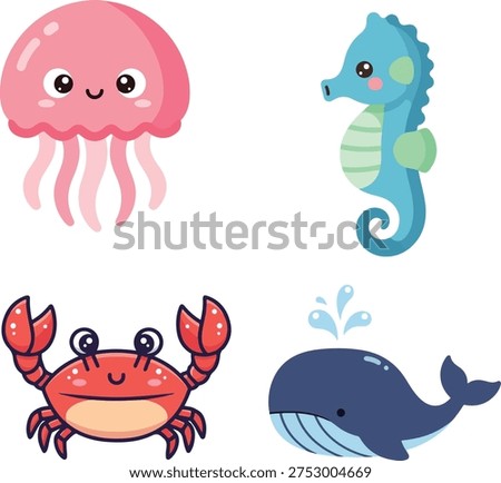 Cute sea creatures cartoon vector set including jellyfish, seahorse, crab and whale. Perfect for kids design, nursery decoration, books and stickers.