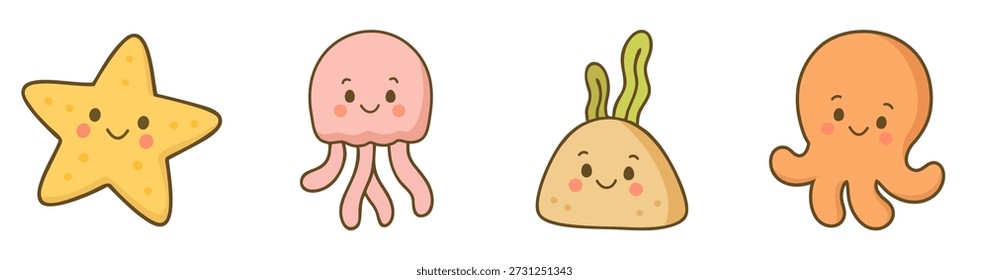 Cute Sea Creatures Characters Set Cartoon Illustration in Flat Style