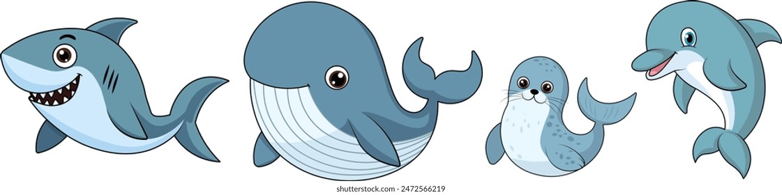 Cute Sea Creatures Clipart, Sea Life Cartoon Character Vector Illustration 