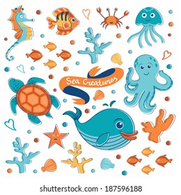 Cute sea creatures collection. Vector illustration