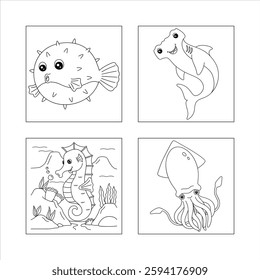 Cute sea creatures coloring book pages, black
and white ine drawings, pufferfish,
hammerhead shark, seahorse in underwater
scene, squid, cartoon style, simple outlines,
children’s illustration.