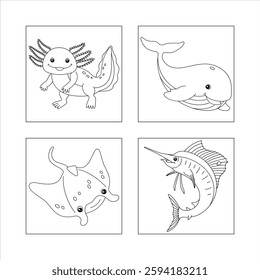 Cute sea creatures coloring pages, cartoon
axolotl, smiling whale, friendly stingray, detailed
swordfish, black and white fine drawings,
children's book illustrations, simple outlines.