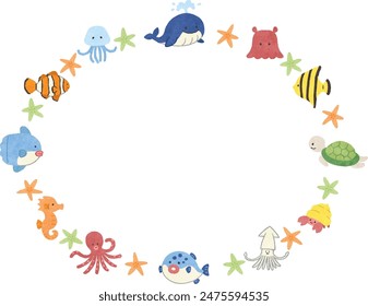 Cute sea creatures and fish frame illustration