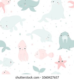 Cute sea creatures, hand drawn illustrations. Seamless pattern perfect for  wrapping paper, fabric, wallpaper background  design. Cute sea creatures design for baby clothes, textile, kid room decor