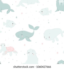 Cute sea creatures, hand drawn illustrations. Seamless pattern perfect for  wrapping paper, fabric, wallpaper background  design. Cute sea creatures design for baby clothes, textile, kid room decor