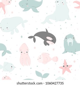 Cute sea creatures, hand drawn illustrations. Seamless pattern perfect for  wrapping paper, fabric, wallpaper background  design. Cute sea creatures design for baby clothes, textile, kid room decor