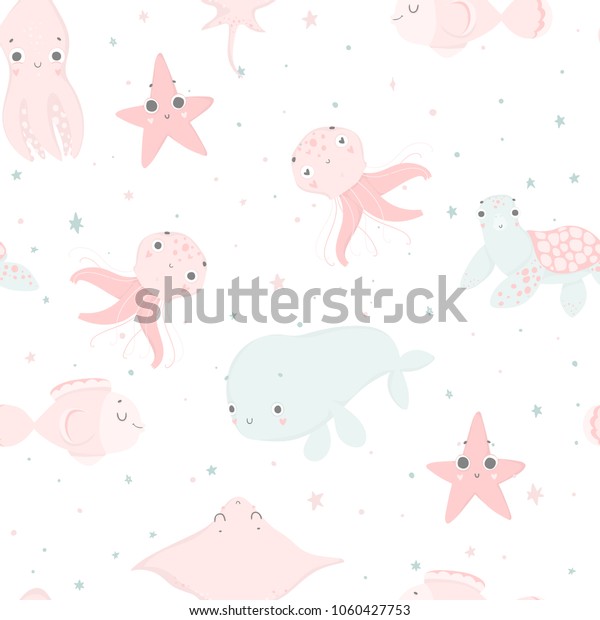 Cute Sea Creatures Hand Drawn Illustrations Stock Vector Royalty Free