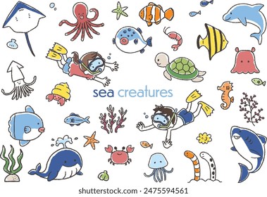 Cute sea creatures illustration icon set