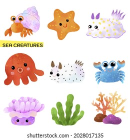 Cute sea creatures illustration in watercolour style. Set of sea icons isolated from background.