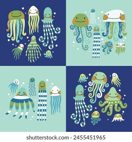 Cute sea creatures, jellyfish, squid and octopus. Hand drawn vector illustration. Perfect for card, 
tee-shirt, sticker, poster or nursery print design.
