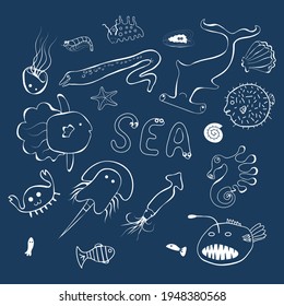 Cute sea creatures line style on the dark blue background