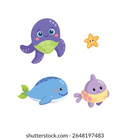 Cute Sea Creatures: Ocean Animals, Kids  Cartoon Art