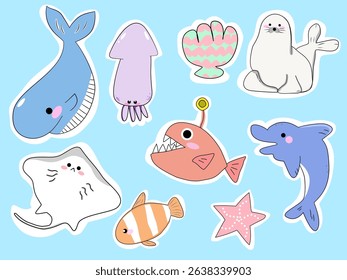Cute sea creatures on a blue background