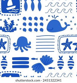 Cute sea creatures patchwork seamless pattern in blue and white. Vector summer vacation wallpaper, textile design, repeat background. Cartoon funny ocean elements fish, whale, seashell, waves, octopus