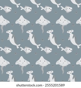 Cute sea creatures pattern with rays and sharks on blue background.