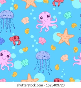 cute sea creatures seamless pattern, kawaii cartoon characters, starfish, jellyfish, crab, octopus, shells elements, editable vector illustration