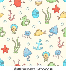 Cute Sea Creatures Seamless Pattern. Vector Illustration
