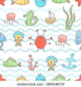 Cute sea creatures seamless pattern. Vector illustration