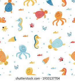 Cute sea creatures seamless pattern on a white background in a cartoon style. Funny animals kids background. Perfect for textile wrapping paper, stationery and others