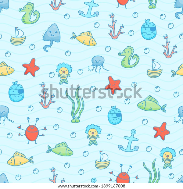 Cute Sea Creatures Seamless Pattern Vector Stock Vector (Royalty Free ...