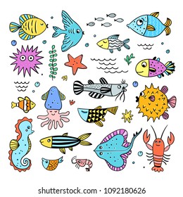 Cute sea creatures set. Fishes and sea animals underwater life illustrations