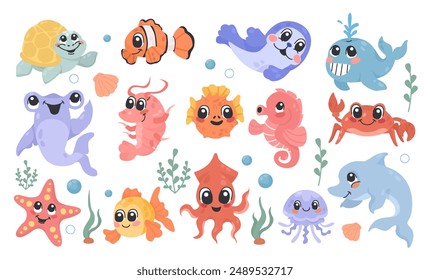 Cute sea creatures, set with illustrations of sea creatures, fish and animals, kind and cute illustrations for children. Cartoon sea characters, ocean inhabitants, isolated on white background. Vector