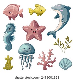 Cute sea creatures, set with illustrations of sea creatures, fish and animals. Kind and funny illustrations for children. Vector illustrations of sea life, animals, shells, corals, fish.